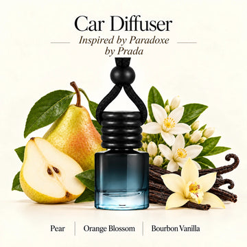 Paradoxe Inspired by Prada car diffuser with Pear, Orange Blossom, Bourbon Vanilla scent imagery by Ancient Wellness