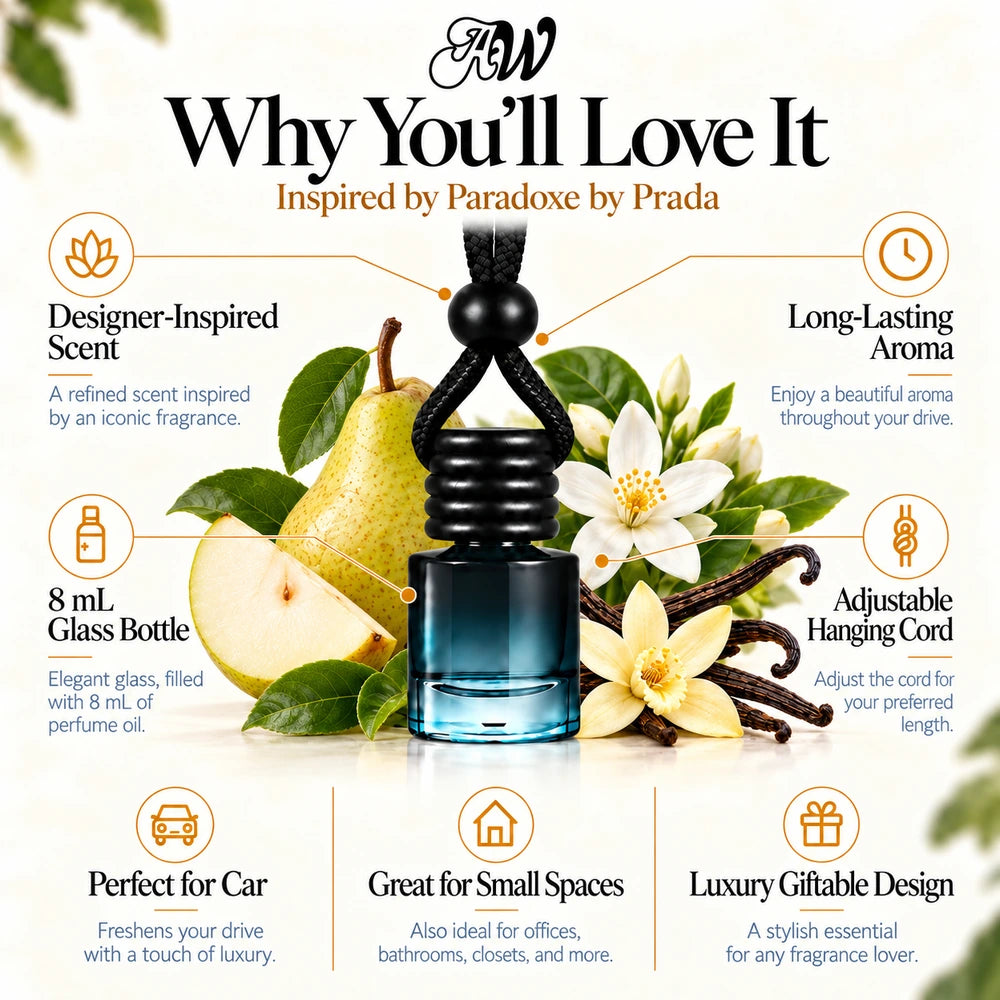 Paradoxe car diffuser benefits infographic with Pear, Orange Blossom, Bourbon Vanilla imagery by Ancient Wellness