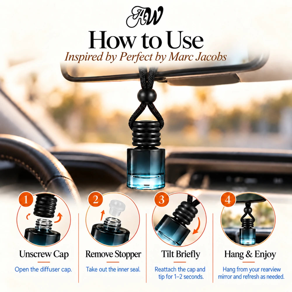 Perfect car diffuser hanging in a car with four illustrated setup steps