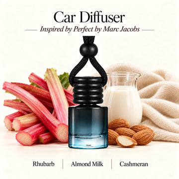 Perfect Inspired by Marc Jacobs car diffuser with Rhubarb, Almond Milk, Cashmeran scent imagery by Ancient Wellness