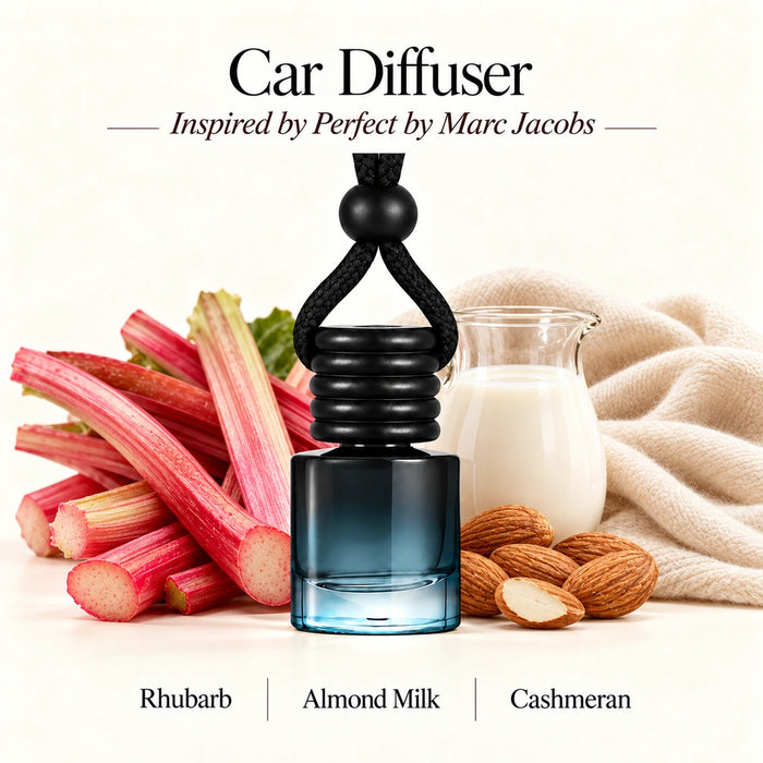 Perfect Inspired by Marc Jacobs car diffuser with Rhubarb, Almond Milk, Cashmeran scent imagery by Ancient Wellness