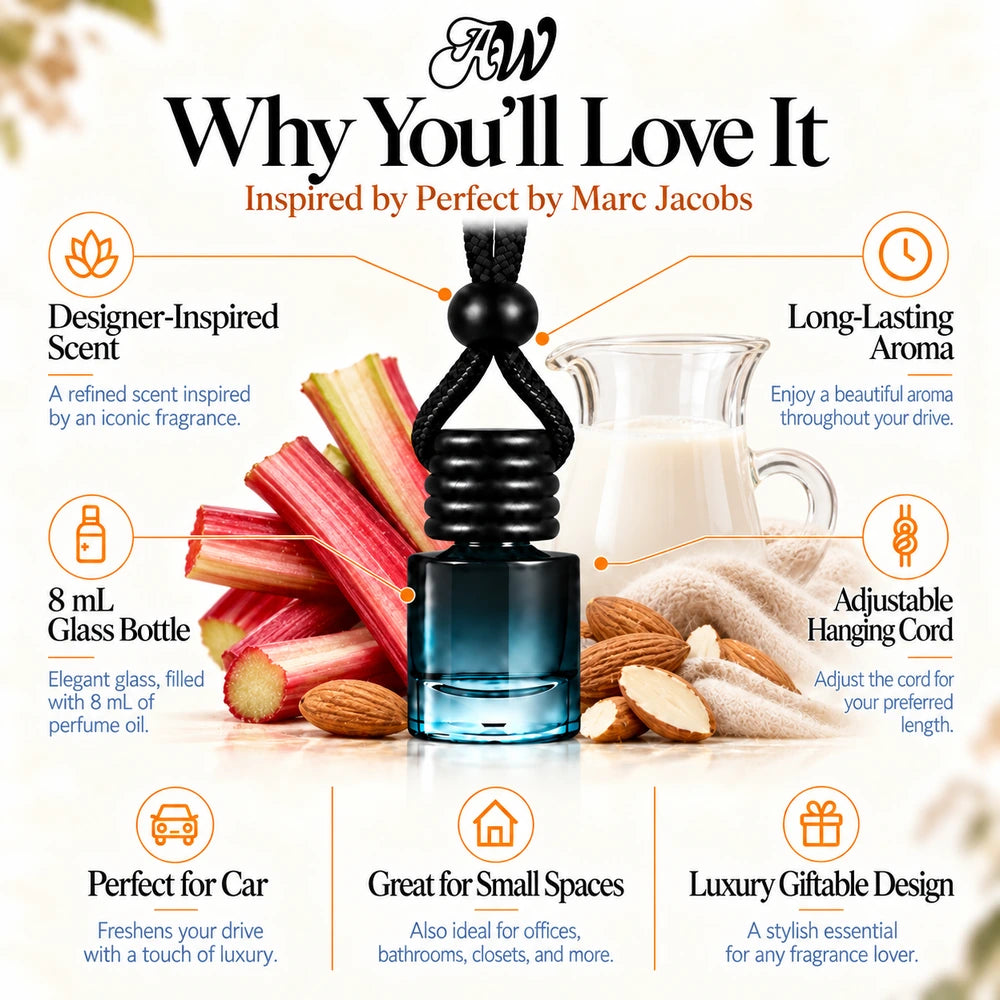 Perfect Inspired by Marc Jacobs car diffuser with Rhubarb, Almond Milk, Cashmeran scent imagery by Ancient Wellness