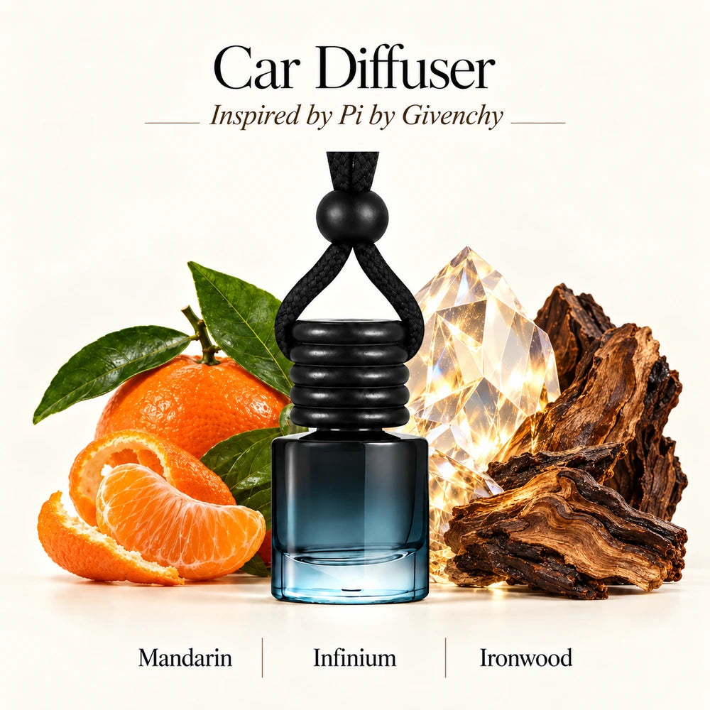 Pi Inspired by Givenchy car diffuser with Mandarin, Infinium, Ironwood scent imagery by Ancient Wellness