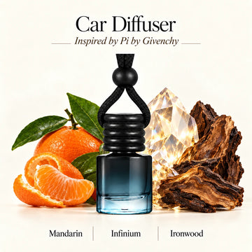 Pi Inspired by Givenchy car diffuser with Mandarin, Infinium, Ironwood scent imagery by Ancient Wellness