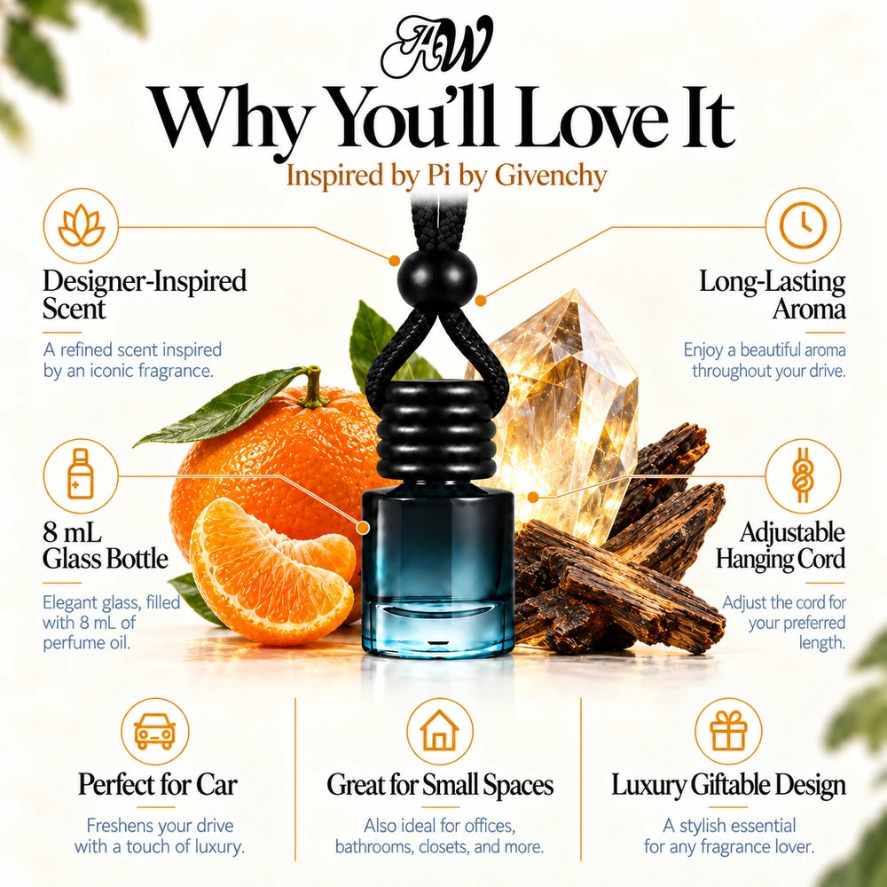Pi car diffuser benefits infographic with Mandarin, Infinium, Ironwood imagery by Ancient Wellness