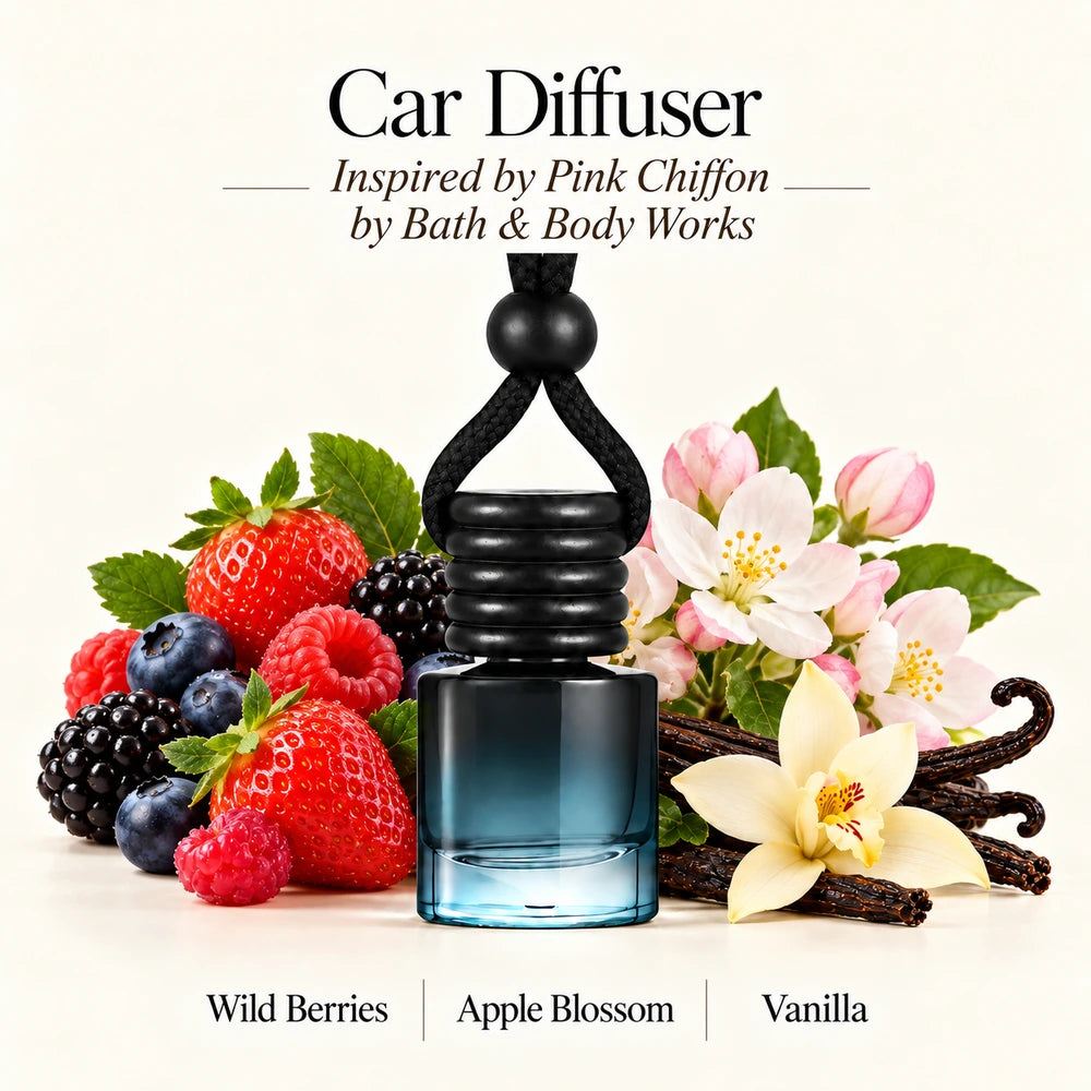 Pink Chiffon Inspired by Bath & Body Works car diffuser with Wild Berries, Apple Blossom, Vanilla scent imagery by Ancient Wellness