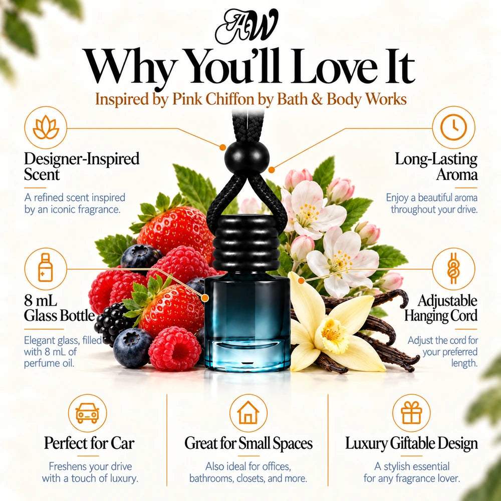 Pink Chiffon car diffuser benefits infographic with Wild Berries, Apple Blossom, Vanilla imagery by Ancient Wellness