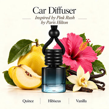 Pink Rush Inspired by Paris Hilton car diffuser with Quince, Hibiscus, Vanilla scent imagery by Ancient Wellness