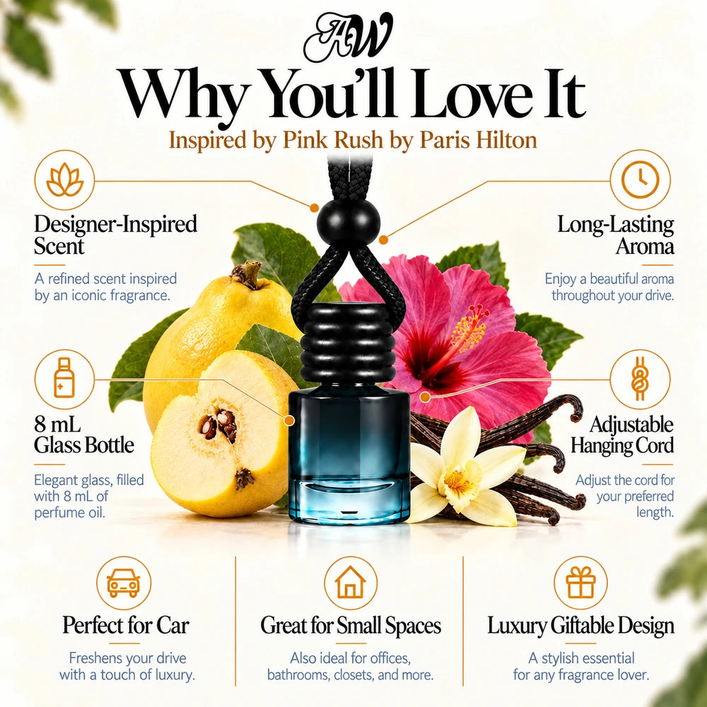 Pink Rush Inspired by Paris Hilton car diffuser with Quince, Hibiscus, Vanilla scent imagery by Ancient Wellness
