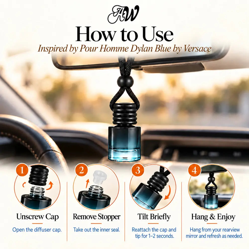 How to use the Pour Homme Dylan Blue Inspired by Versace car diffuser hanging in a car with four illustrated steps