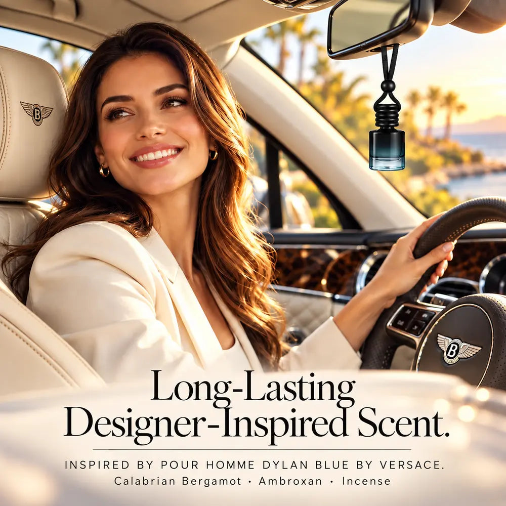 Pour Homme Dylan Blue Inspired by Versace car diffuser hanging in a luxury car beside a smiling woman with Calabrian bergamot, ambroxan and incense notes