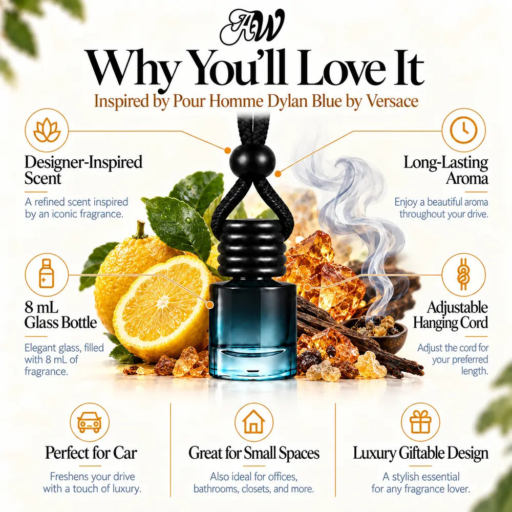 Why You'll Love It infographic for Pour Homme Dylan Blue Inspired by Versace car diffuser with scent ingredients and bottle features