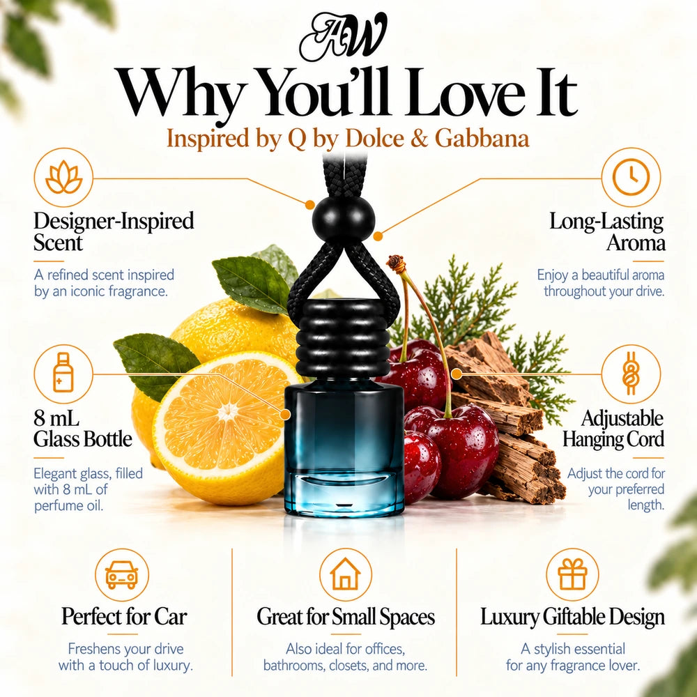 Q Inspired by Dolce & Gabbana car diffuser with Sicilian lemon, Cherry, Cedar scent imagery by Ancient Wellness