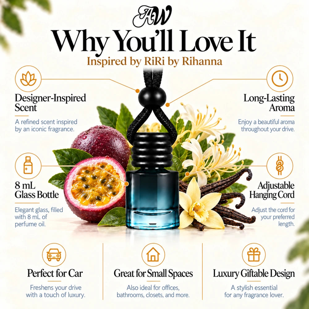RiRi car diffuser benefits infographic with Passionfruit, Honeysuckle, Vanilla imagery by Ancient Wellness