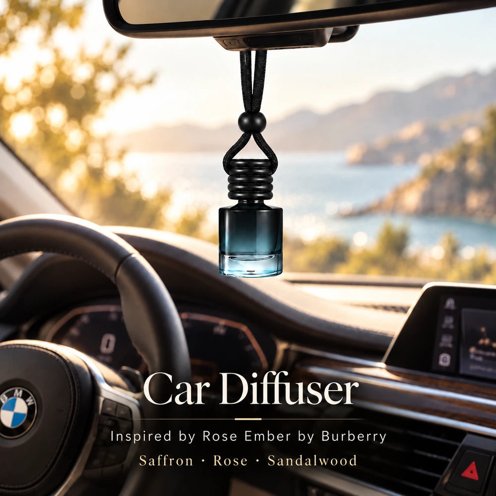 Rose Ember Inspired by Burberry car diffuser hanging in a BMW interior with Saffron, Rose, Sandalwood notes
