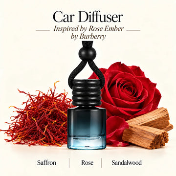 Rose Ember Inspired by Burberry car diffuser with Saffron, Rose, Sandalwood scent imagery by Ancient Wellness