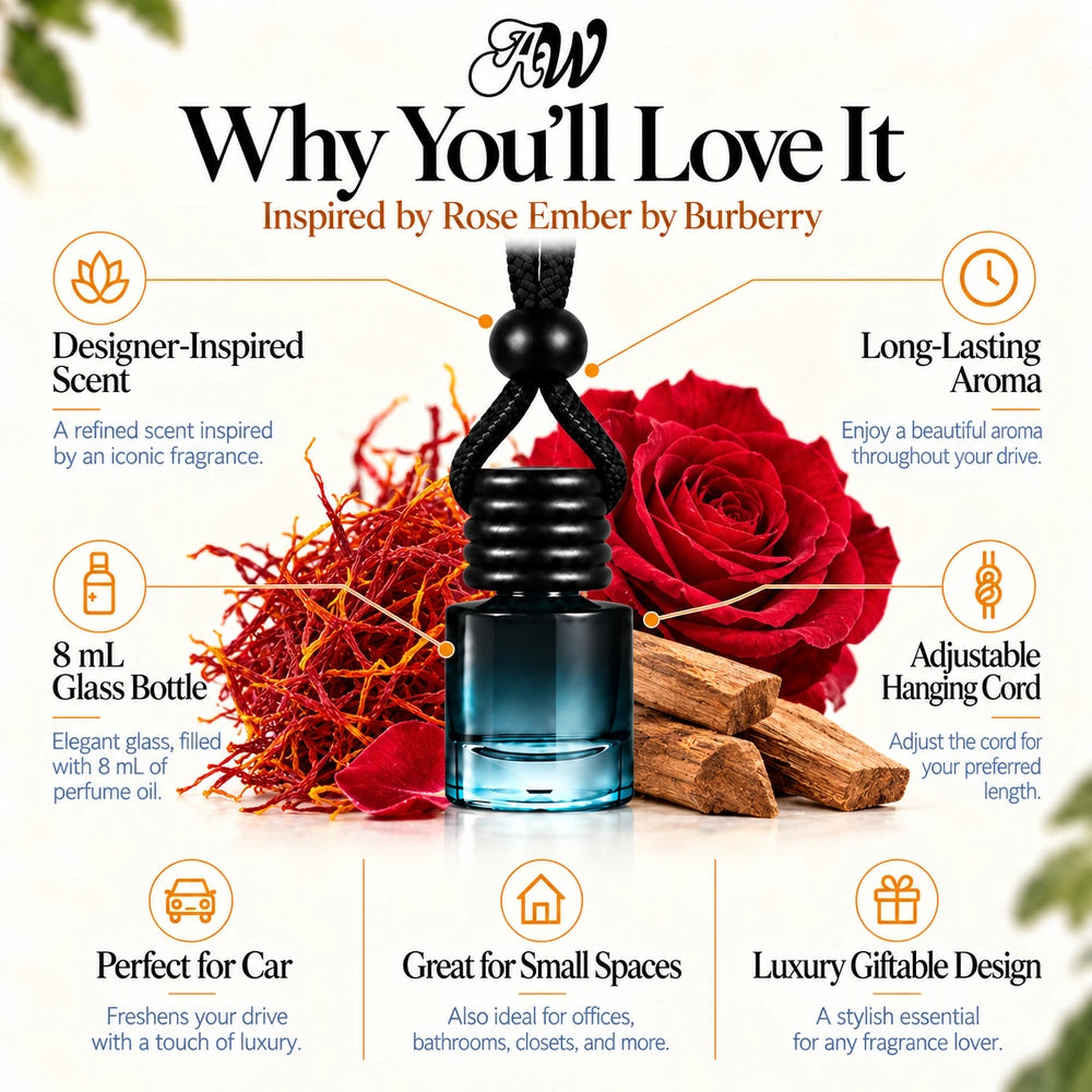 Rose Ember Inspired by Burberry car diffuser with Saffron, Rose, Sandalwood scent imagery by Ancient Wellness