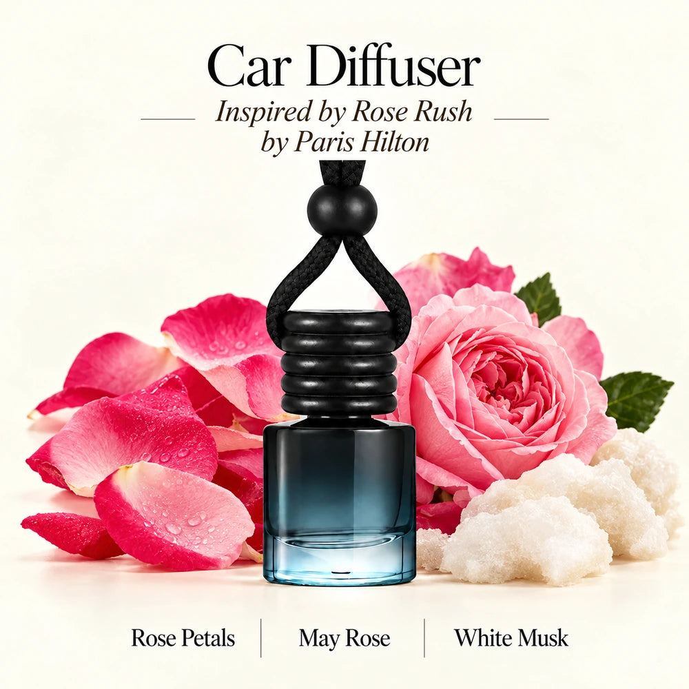 Rose Rush Inspired by Paris Hilton car diffuser with Rose Petals, May Rose, White Musk scent imagery by Ancient Wellness