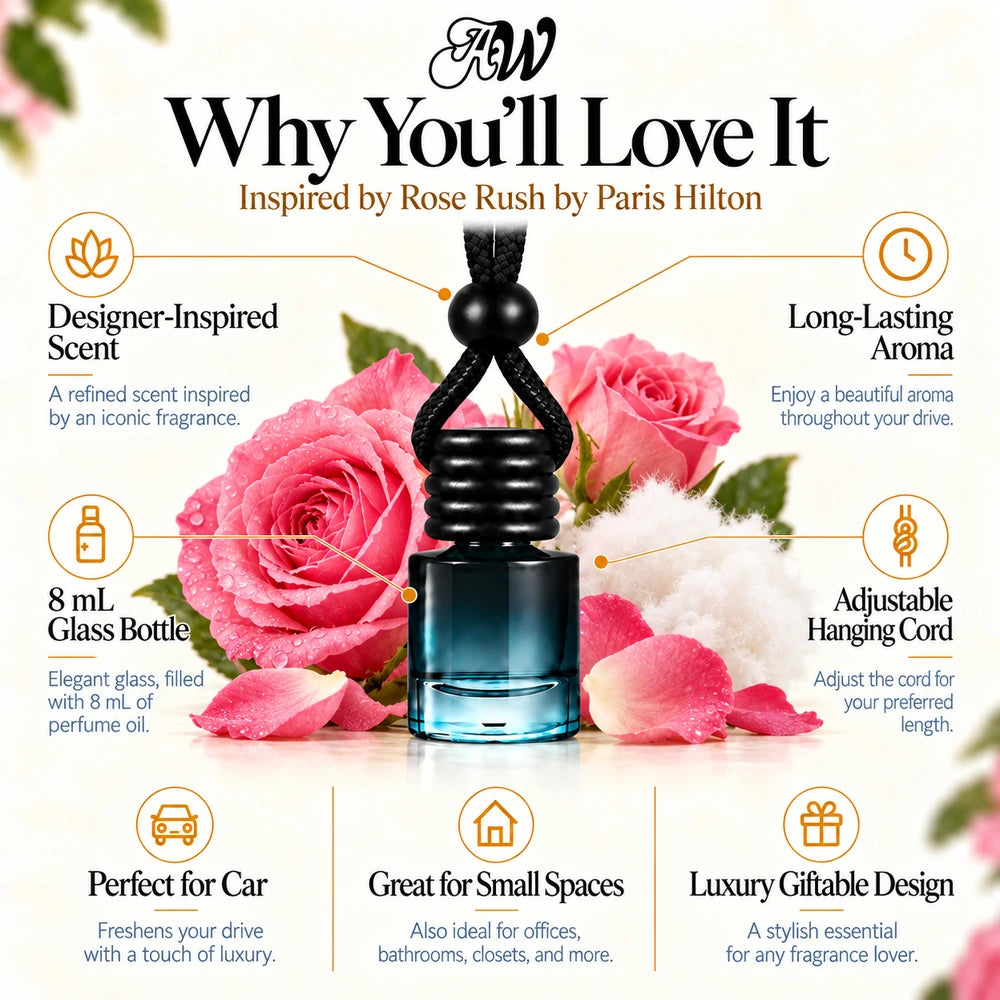 Rose Rush car diffuser benefits infographic with Rose Petals, May Rose, White Musk imagery by Ancient Wellness