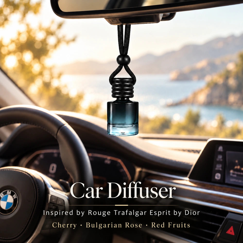 Rouge Trafalgar Esprit Inspired by Dior car diffuser hanging in a BMW interior with Cherry, Bulgarian Rose, Red Fruits notes