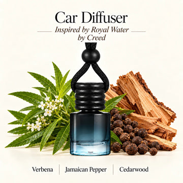 Royal Water Inspired by Creed car diffuser with Verbena, Jamaican Pepper, Cedarwood scent imagery by Ancient Wellness