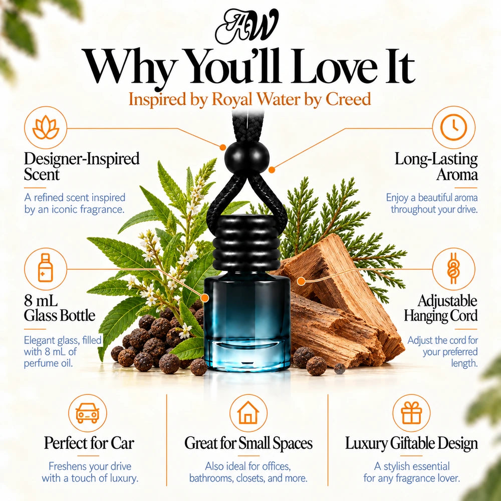 Royal Water Inspired by Creed car diffuser with Verbena, Jamaican Pepper, Cedarwood scent imagery by Ancient Wellness