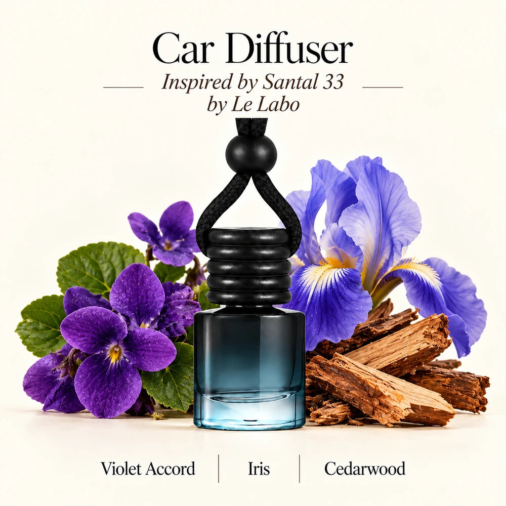 Santal 33 Inspired by Le Labo car diffuser with Violet Accord, Iris, Cedarwood scent imagery by Ancient Wellness