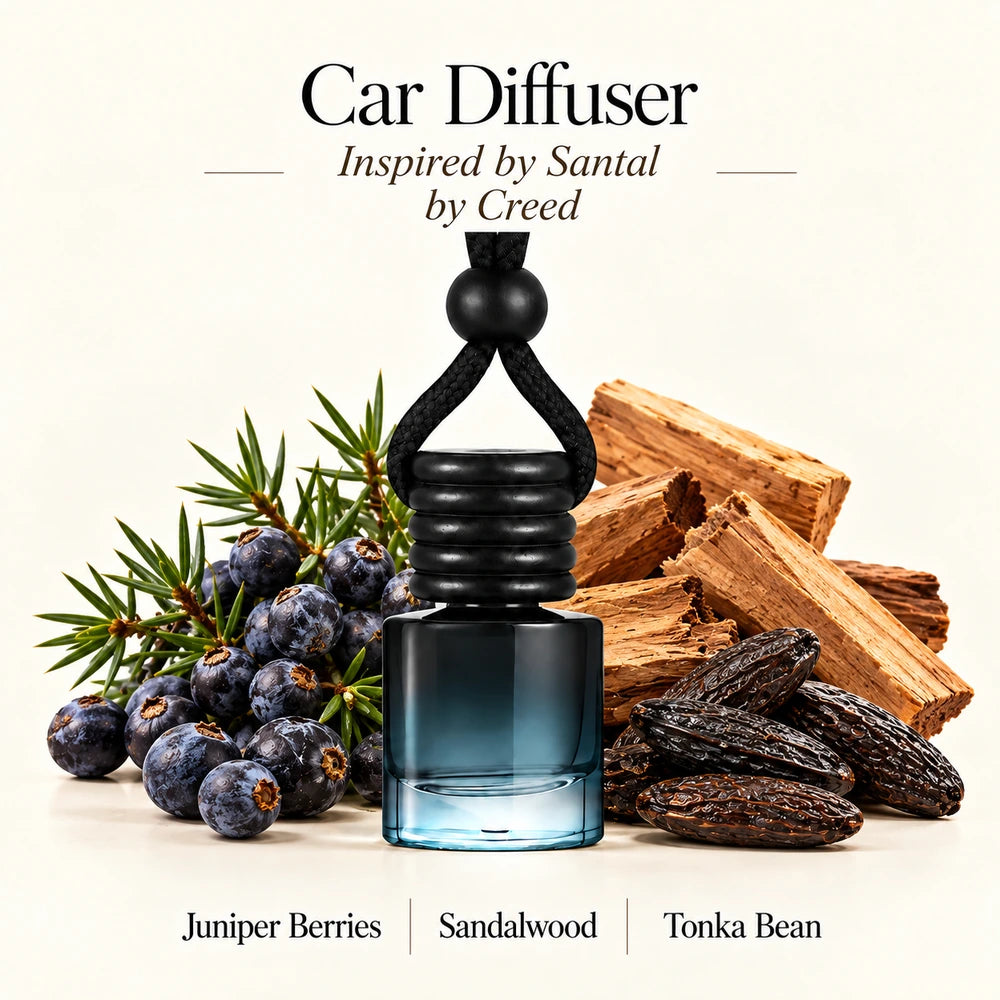 Santal Inspired by Creed car diffuser with Juniper Berries, Sandalwood, Tonka Bean scent imagery by Ancient Wellness