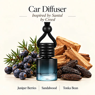 Santal Inspired by Creed car diffuser with Juniper Berries, Sandalwood, Tonka Bean scent imagery by Ancient Wellness