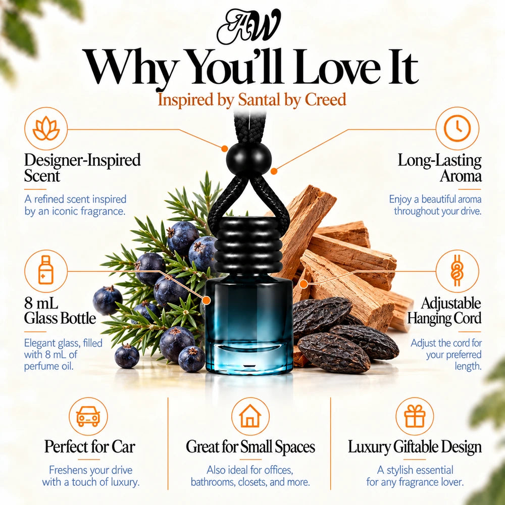 Santal car diffuser benefits infographic with Juniper Berries, Sandalwood, Tonka Bean imagery by Ancient Wellness