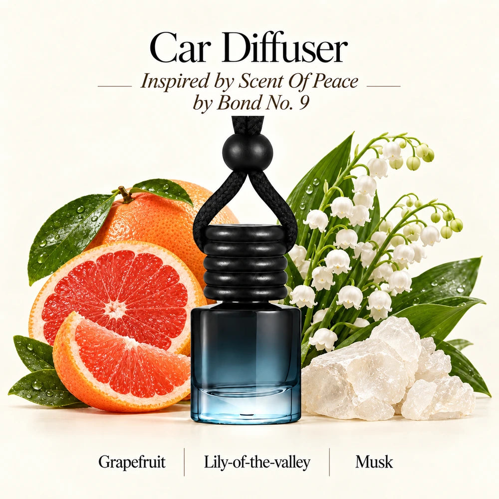 Scent Of Peace Inspired by Bond No. 9 car diffuser by Ancient Wellness with imagery representing Grapefruit, Lily-of-the-valley, Musk