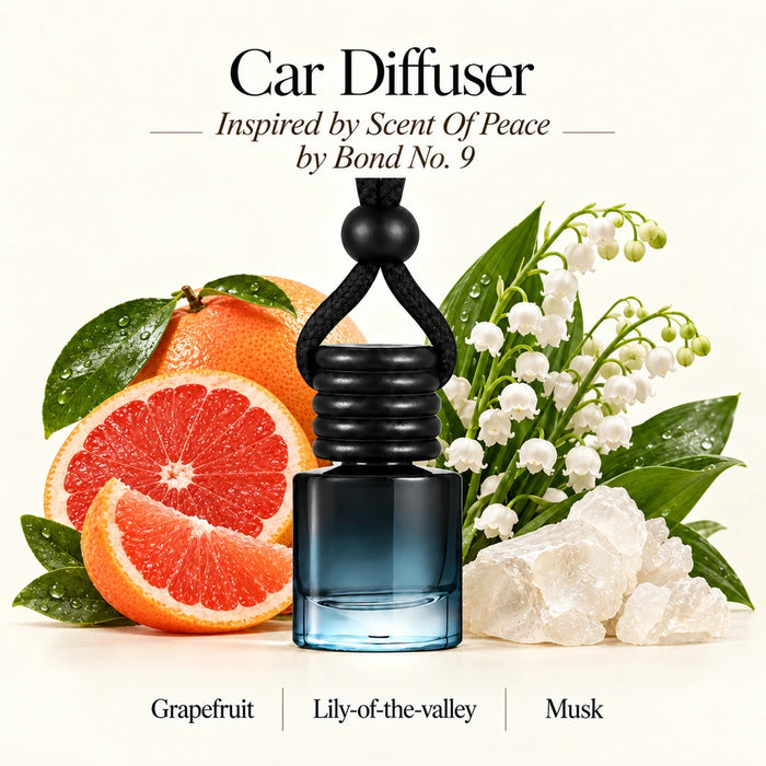 Scent Of Peace Inspired by Bond No. 9 car diffuser by Ancient Wellness with imagery representing Grapefruit, Lily-of-the-valley, Musk