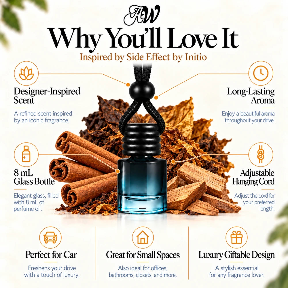 Side Effect car diffuser benefits infographic with cinnamon, tobacco and sandalwood imagery