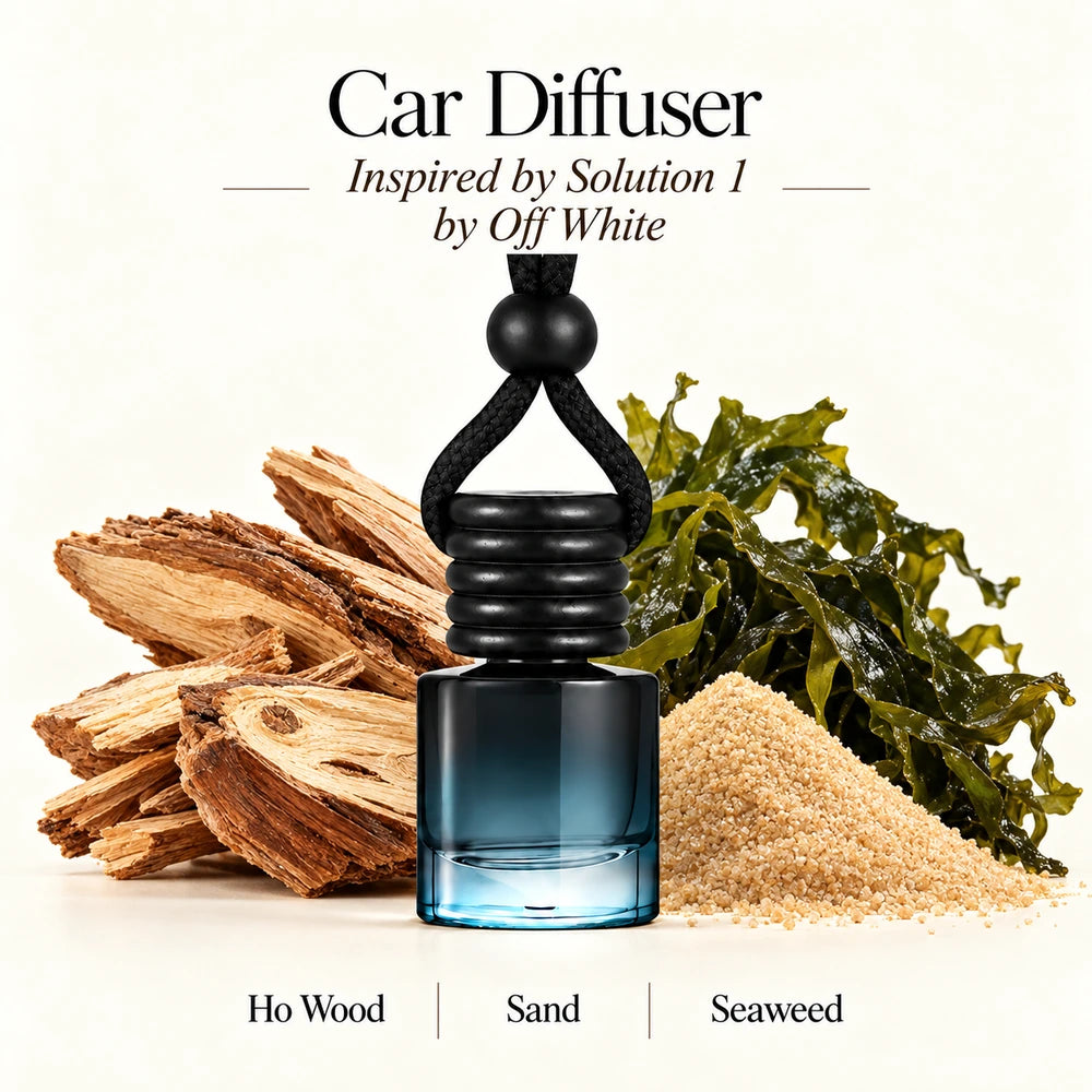 Solution 1 Inspired by Off White car diffuser with Ho Wood, Sand, Seaweed scent imagery by Ancient Wellness