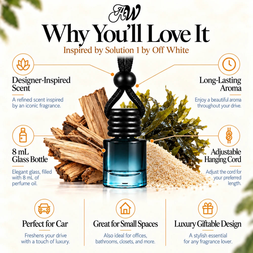 Solution 1 car diffuser benefits infographic with Ho Wood, Sand, Seaweed imagery by Ancient Wellness
