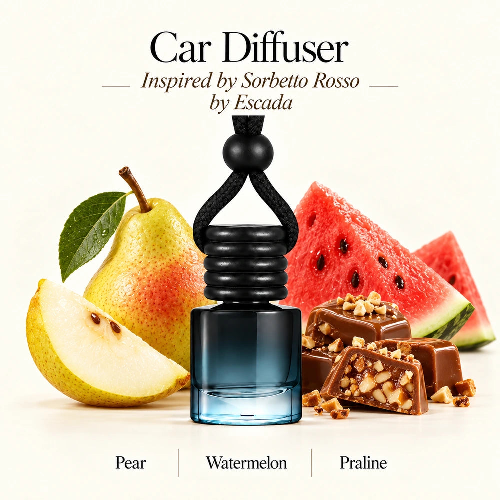 Sorbetto Rosso Inspired by Escada car diffuser with Pear, Watermelon, Praline scent imagery by Ancient Wellness