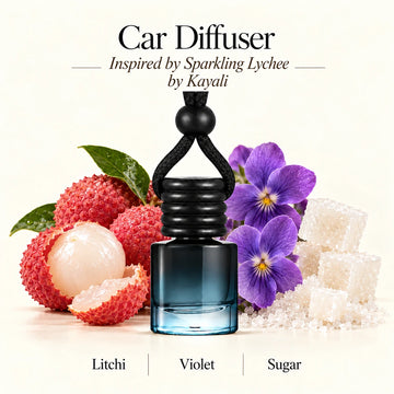 Sparkling Lychee Inspired by Kayali car diffuser with Litchi, Violet, Sugar scent imagery by Ancient Wellness