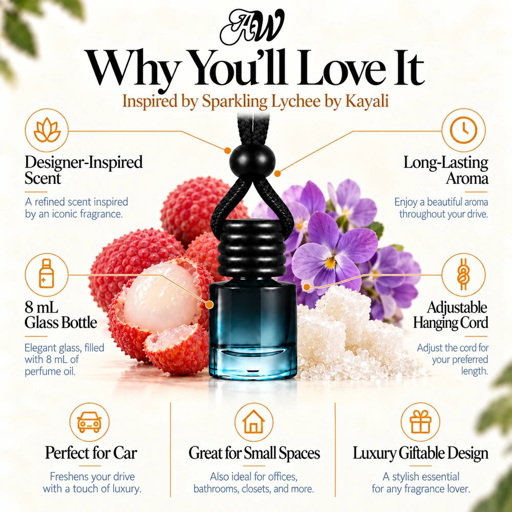 Sparkling Lychee car diffuser benefits infographic with Litchi, Violet, Sugar imagery by Ancient Wellness