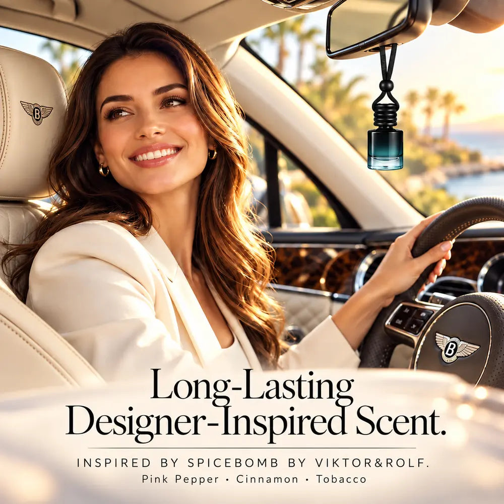 Spicebomb Inspired by VIKTOR&ROLF car diffuser hanging in a luxury car beside a smiling woman with pink pepper, cinnamon and tobacco notes