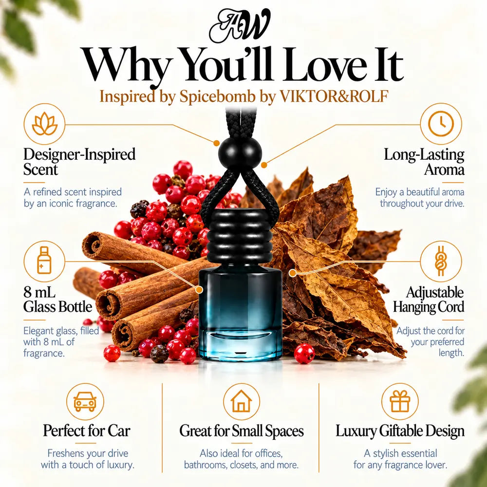 Why You'll Love It infographic for Spicebomb Inspired by VIKTOR&ROLF car diffuser with scent ingredients and bottle features