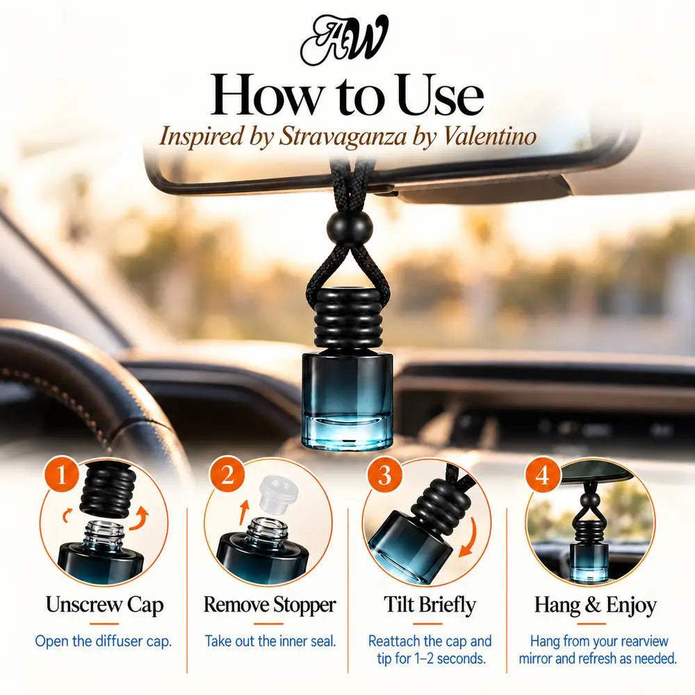 Stravaganza car diffuser hanging in a car with four illustrated setup steps