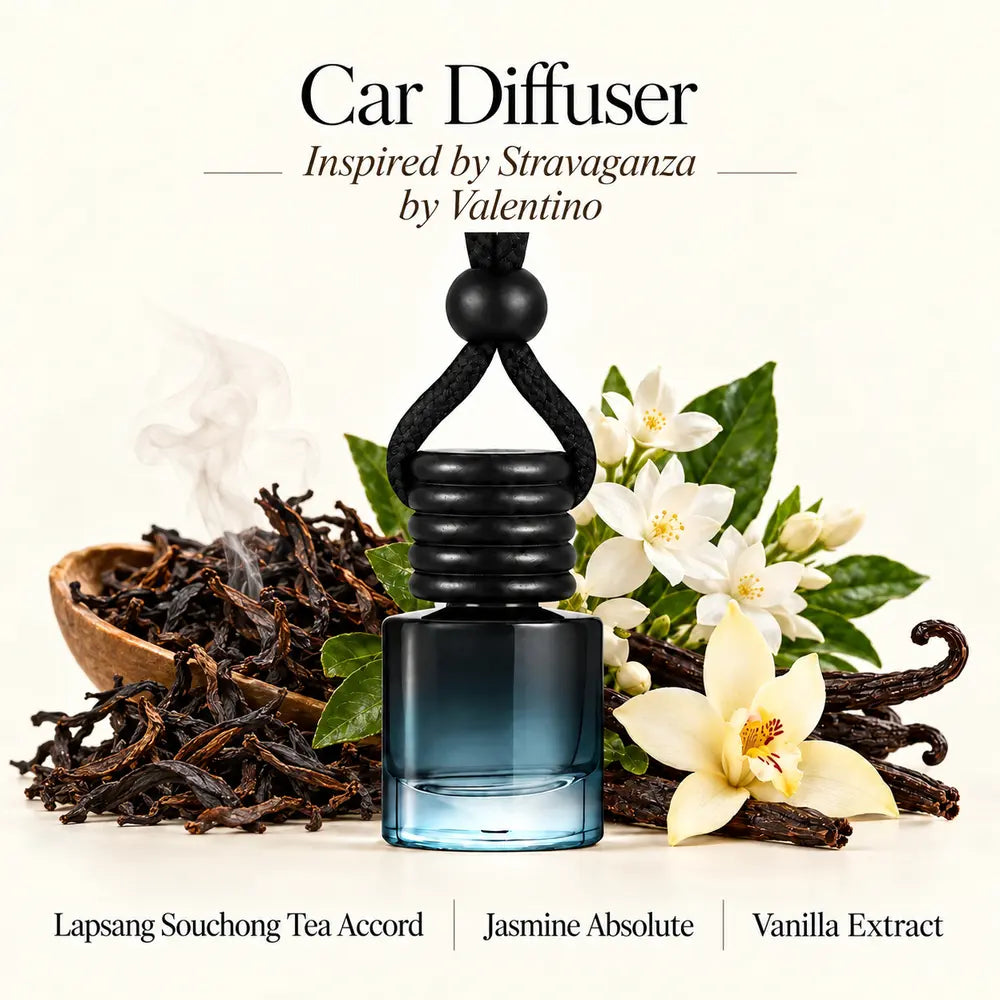 Stravaganza Inspired by Valentino car diffuser with lapsang souchong tea accord, jasmine absolute and vanilla extract imagery by Ancient Wellness