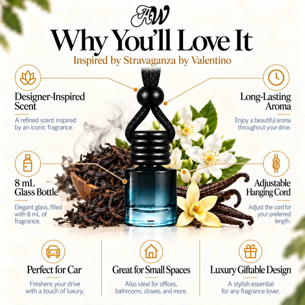 Stravaganza car diffuser benefits infographic with lapsang souchong tea accord, jasmine absolute and vanilla extract imagery by Ancient Wellness