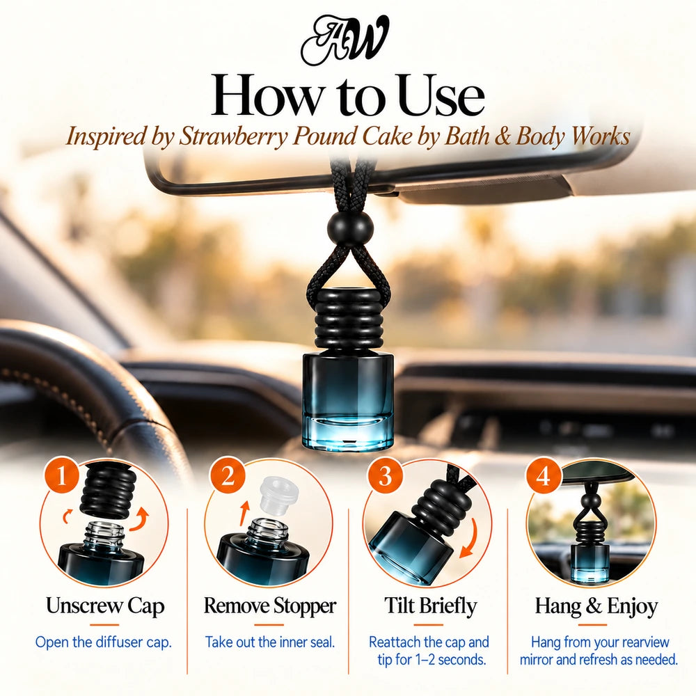 Strawberry Pound Cake car diffuser hanging in a car with four illustrated setup steps