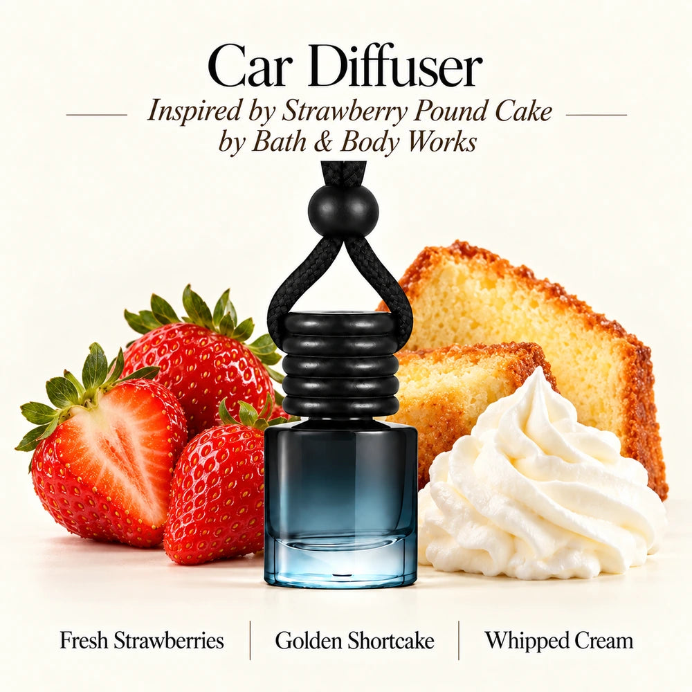 Strawberry Pound Cake Inspired by Bath & Body Works car diffuser with Fresh Strawberries, Golden Shortcake, Whipped Cream scent imagery by Ancient Wellness