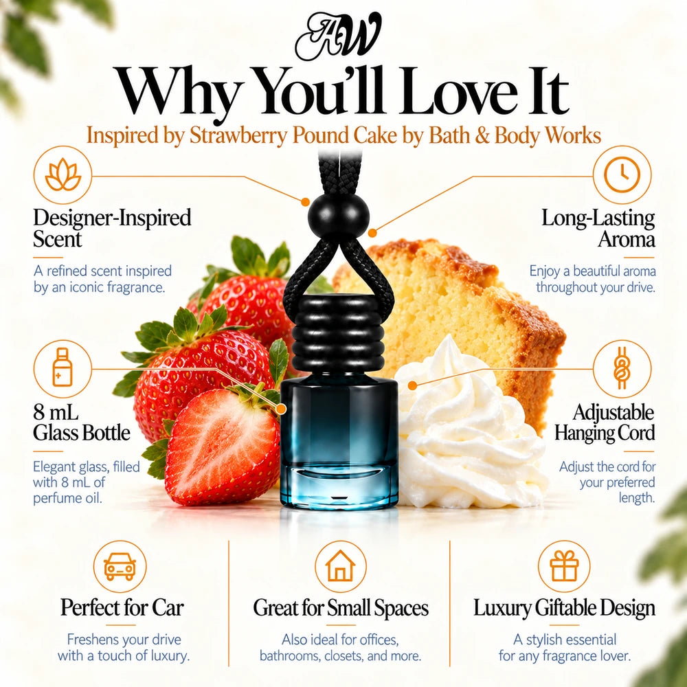 Strawberry Pound Cake car diffuser benefits infographic with Fresh Strawberries, Golden Shortcake, Whipped Cream imagery by Ancient Wellness