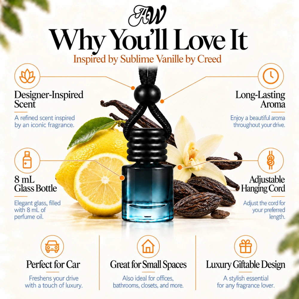 Sublime Vanille car diffuser benefits infographic with Lemon, Vanilla, Tonka Bean imagery by Ancient Wellness