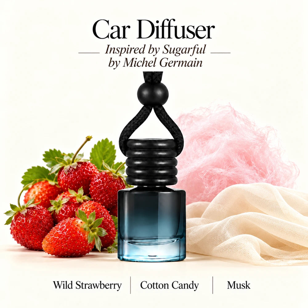 Sugarful Inspired by Michel Germain car diffuser with Wild Strawberry, Cotton Candy, Musk scent imagery by Ancient Wellness
