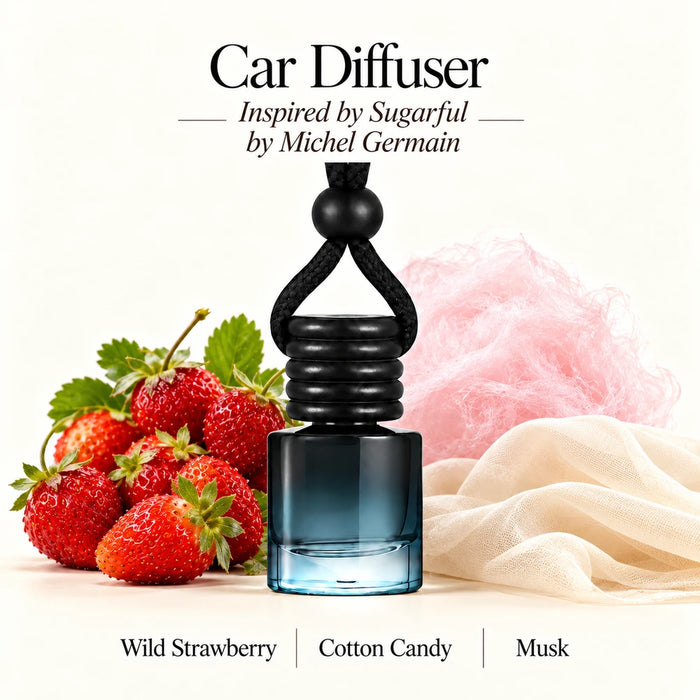 Sugarful Inspired by Michel Germain car diffuser with Wild Strawberry, Cotton Candy, Musk scent imagery by Ancient Wellness