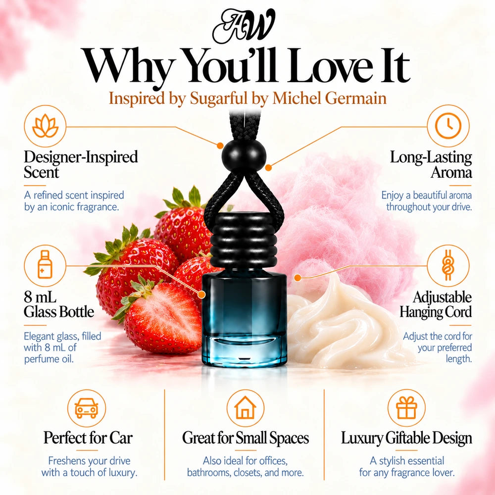 Sugarful Inspired by Michel Germain car diffuser with Wild Strawberry, Cotton Candy, Musk scent imagery by Ancient Wellness